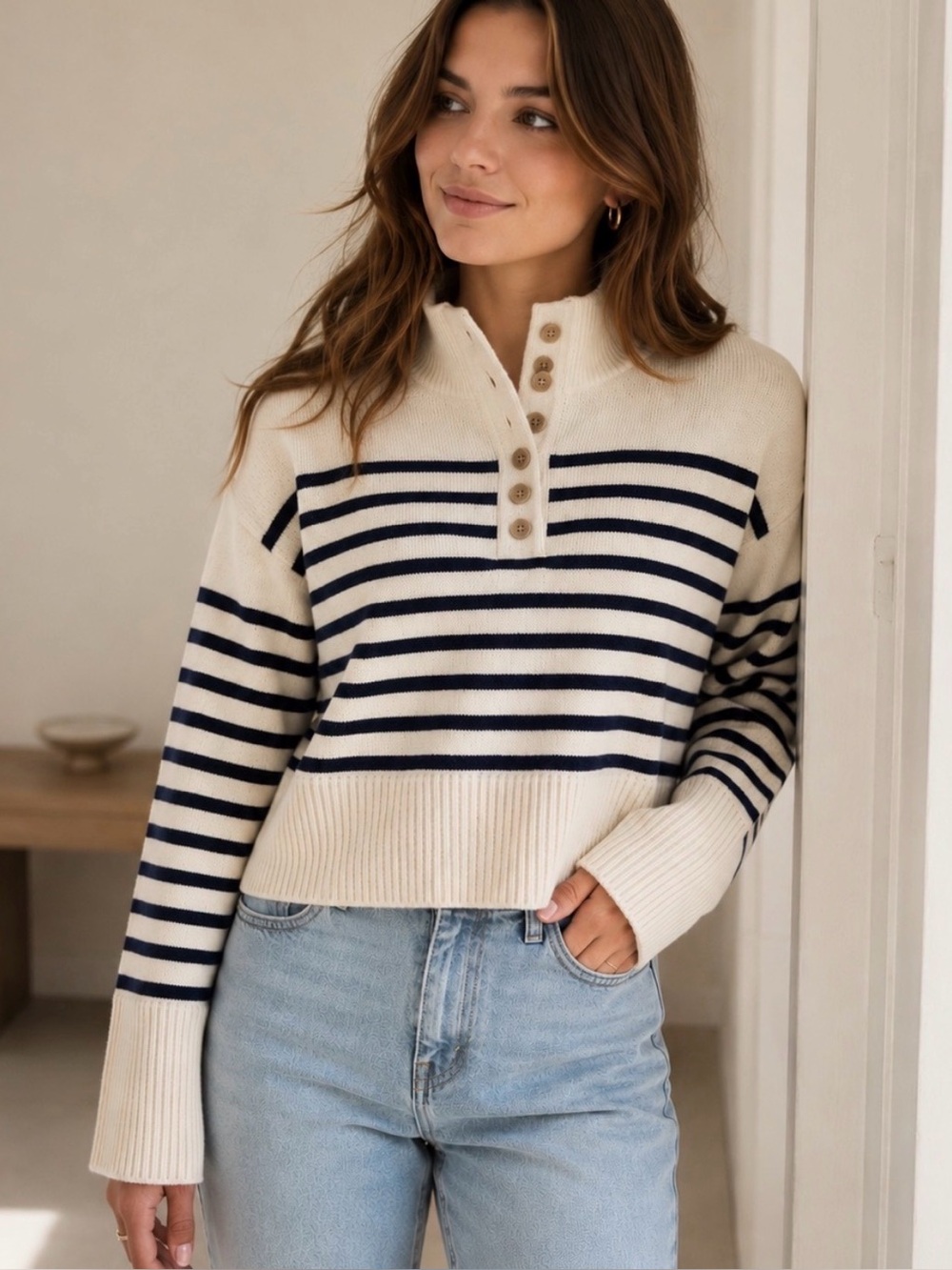 Maje Striped Wool Blend Half-Button Sailor Sweater Sz 1/S